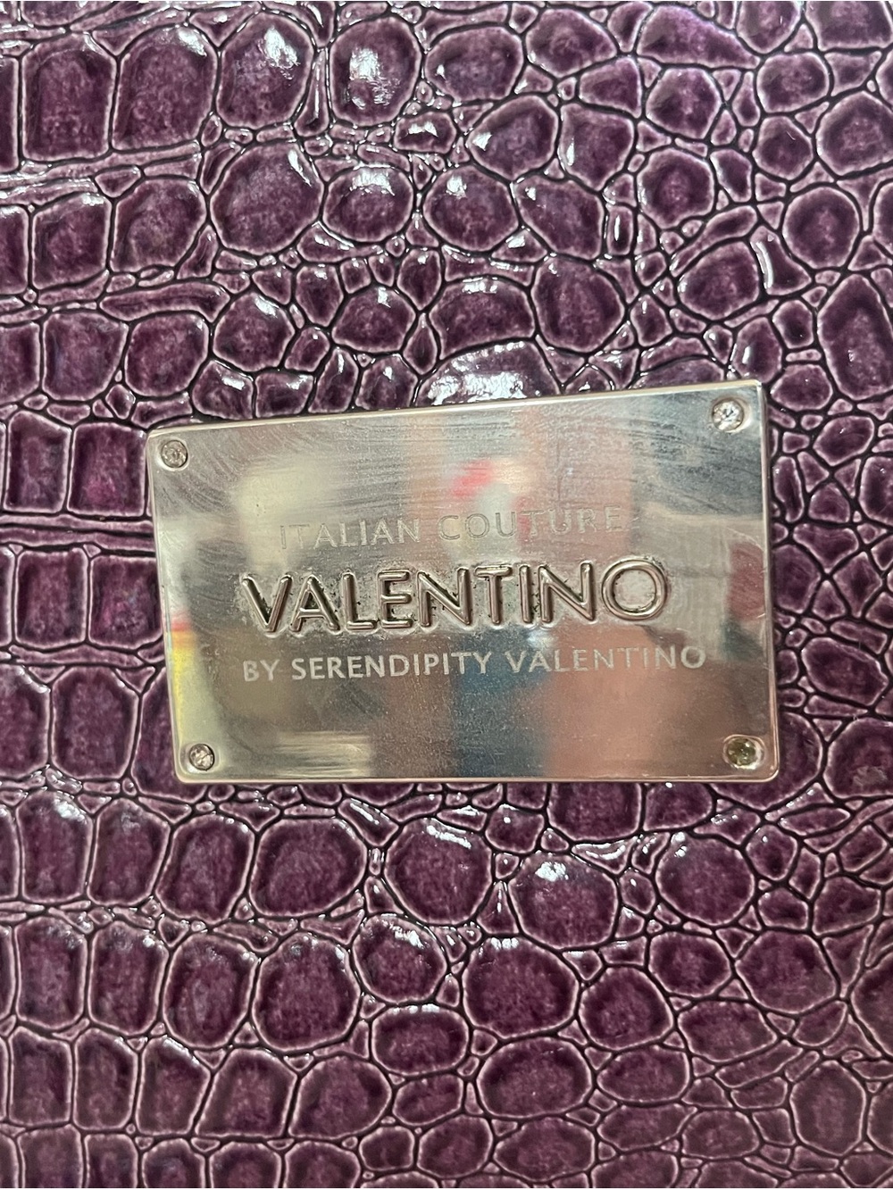 Valentino Glossy Purple Croc-Embossed Satchel - Picture 2 of 6